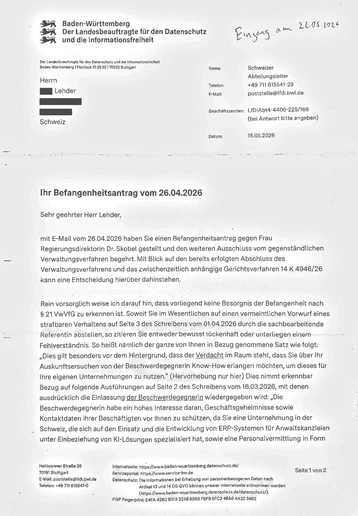 Letter of 15 May 2026 page 1